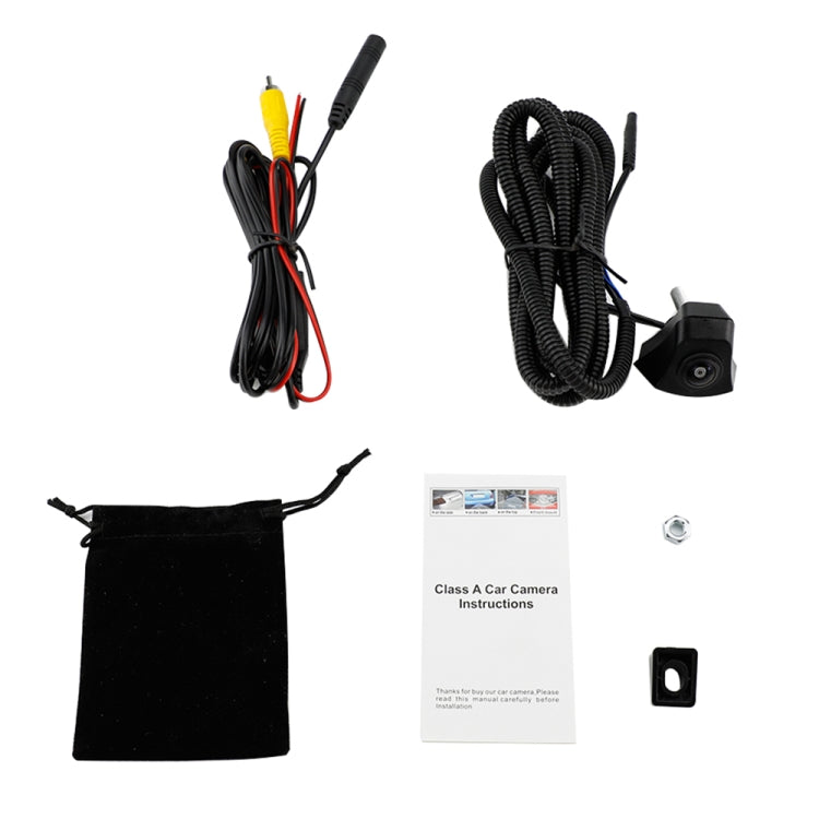 Car camera accessory set with camera unit, wiring harness, instruction card, and small bag
