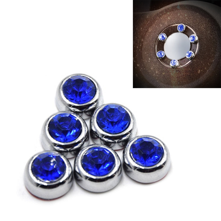 Car diamond sticker set with six blue faceted crystal studs in silver-tone rims