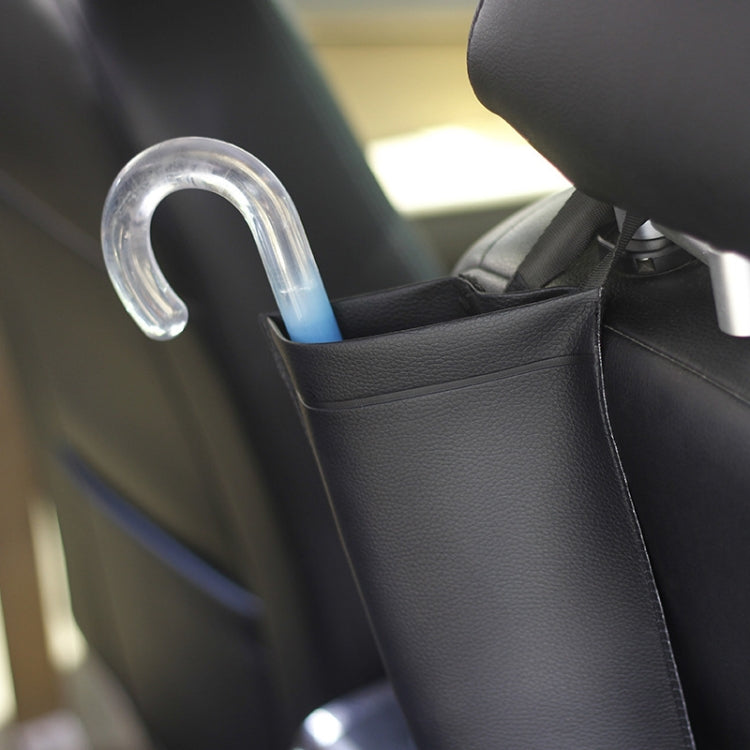 Black umbrella storage bag hanging on car seat with umbrella hook opening