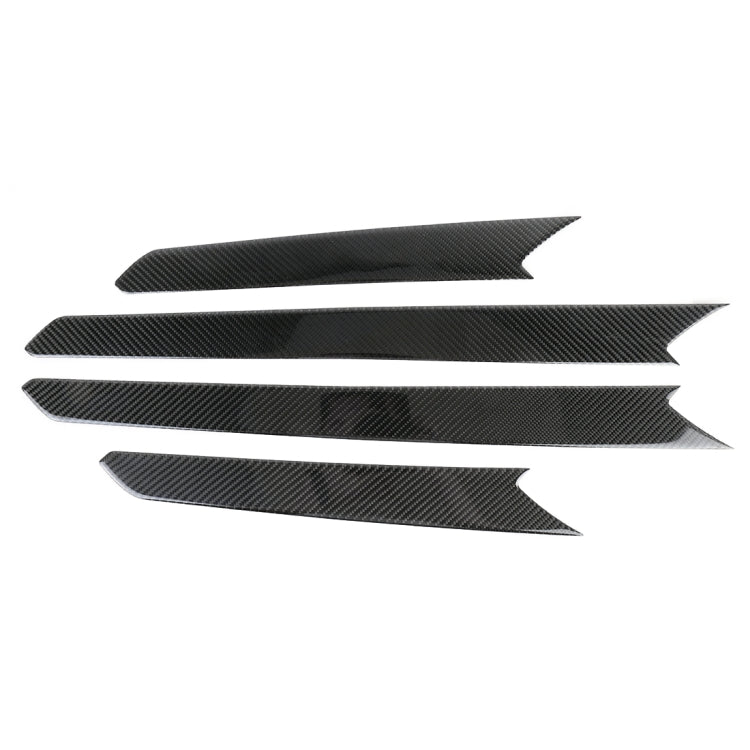 Carbon fiber door panel decal set, dark carbon-weave strips with chevron tips