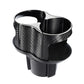 Black dual-cup car drink holder with carbon-fiber insert and adjustable base