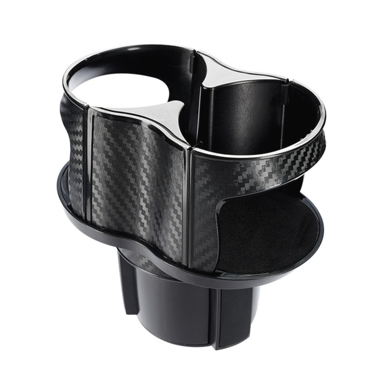 Black dual-cup car drink holder with carbon-fiber insert and adjustable base