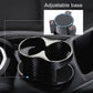 Adjustable black car cup holder with two openings and carbon-fiber style inserts