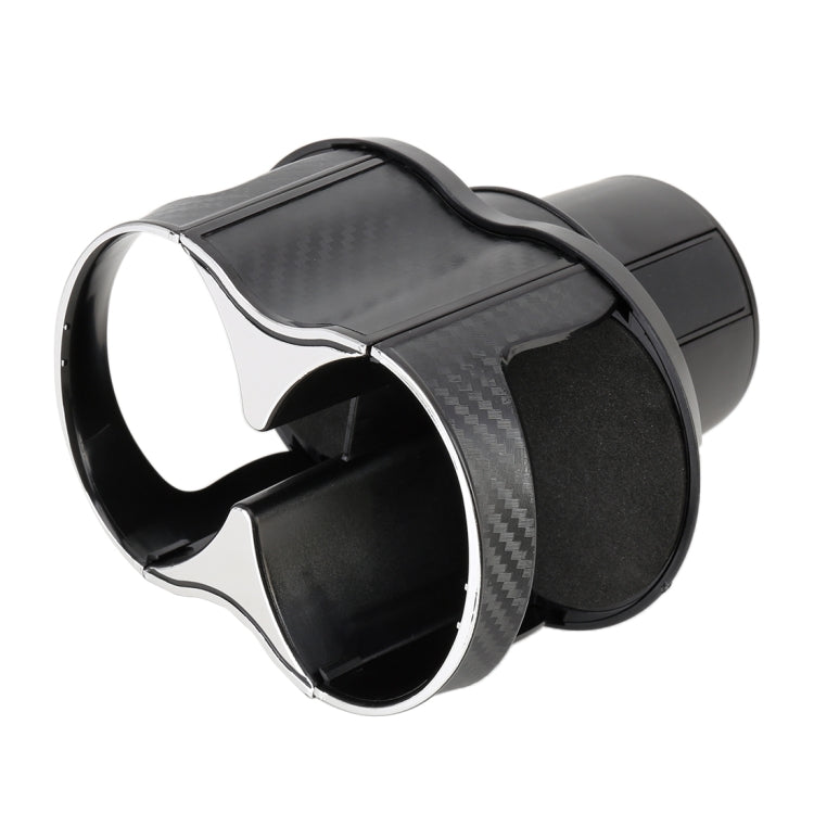Black 2-in-1 car cup holder with open dual wells and carbon-fiber trim