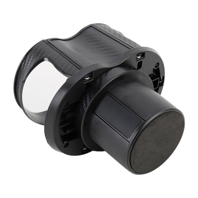 Black car cup holder with side ports and carbon-fiber patterned tray insert
