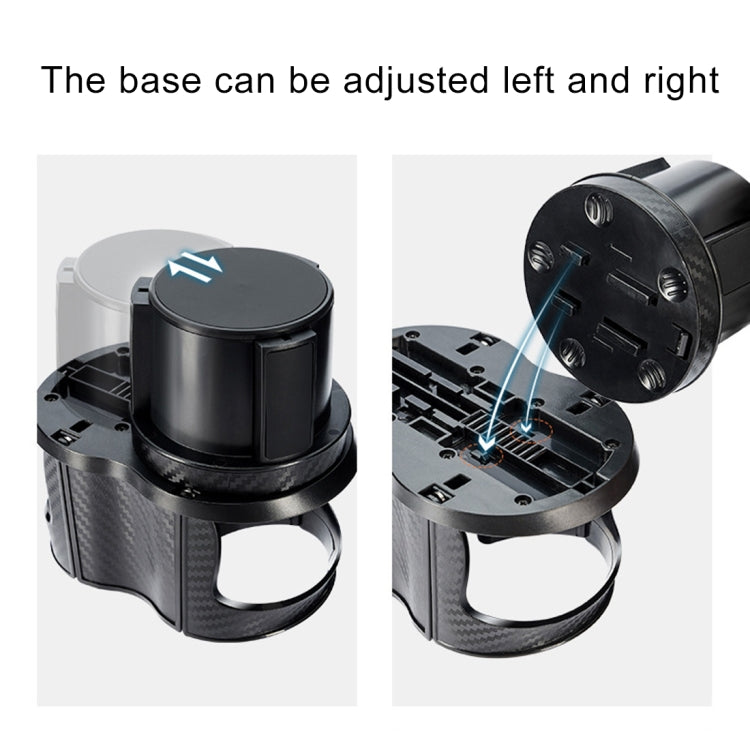 Adjustable left-right car cup holder base with carbon-fiber side grips