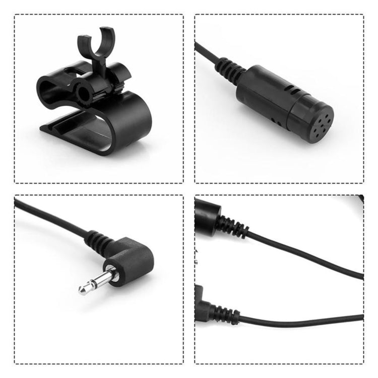 Car microphone kit detail views: mic head, bracket, and 3.5mm plug