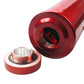 Red aluminum cooling water tank bottle with threaded cap opening close-up