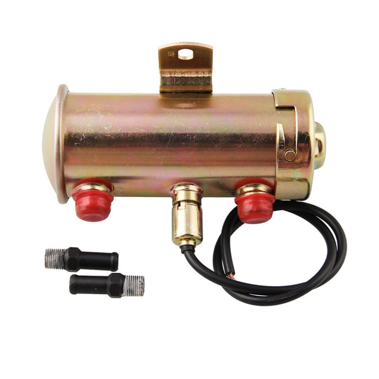 Universal 12V electric fuel pump with mounting bracket, black wire harness and inlet fittings