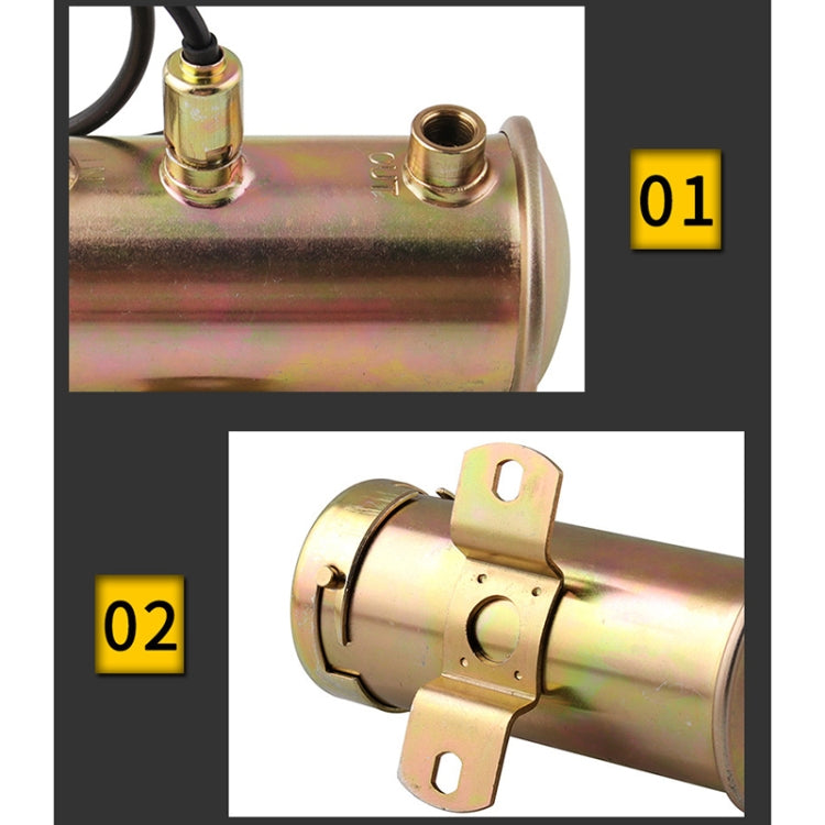 Electric fuel pump with mounting tabs and brass fittings, cylindrical metal housing