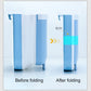 Blue folding trash can before-and-after fold with flat, space-saving profile