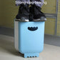 Blue folding trash can on base feet with heart-shaped front panel