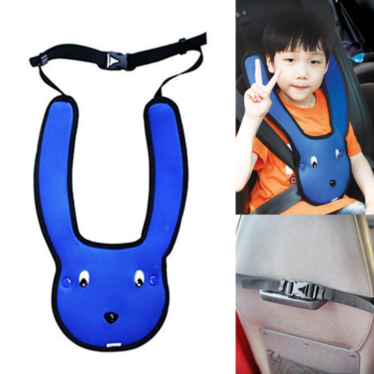 Blue rabbit-shaped double shoulder seat belt adjuster with straps and clips