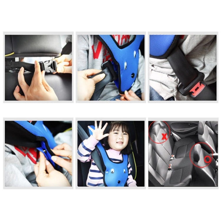 Blue rabbit seat belt adjuster shown attached to child car seat straps