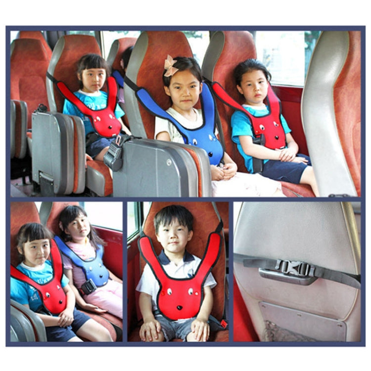 Child wearing red rabbit? No—blue rabbit double shoulder seat belt adjuster on car seat