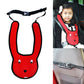 Red rabbit-shaped double shoulder seat belt adjuster with black straps and clips