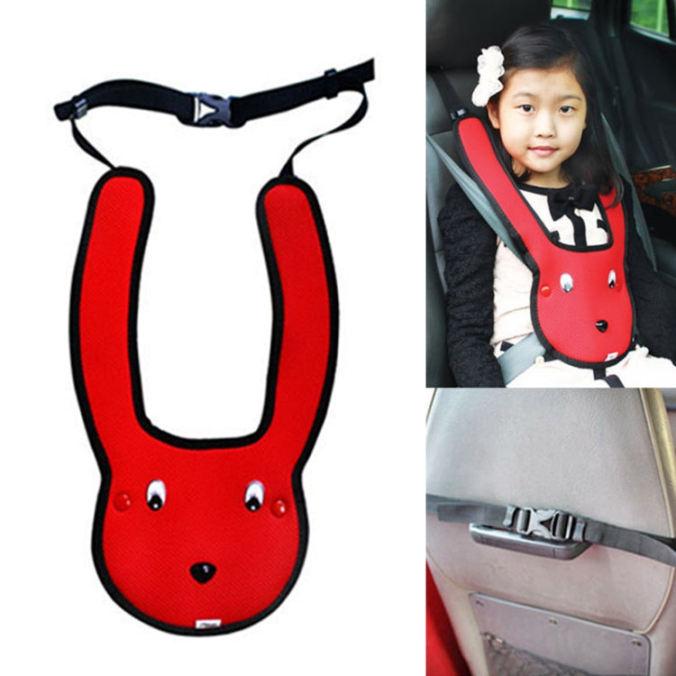 Red rabbit-shaped double shoulder seat belt adjuster with black straps and clips