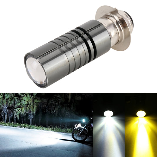 Motorcycle LED headlight bulb with silver housing, black rings, and clear front lens