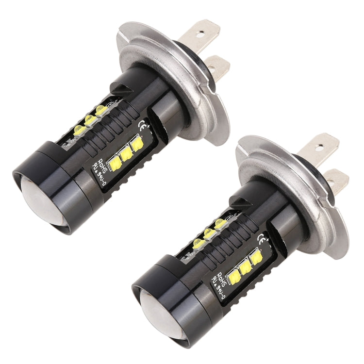 Two H7 LED fog bulbs with silver mounting ring, black body, and multiple yellow LED chips