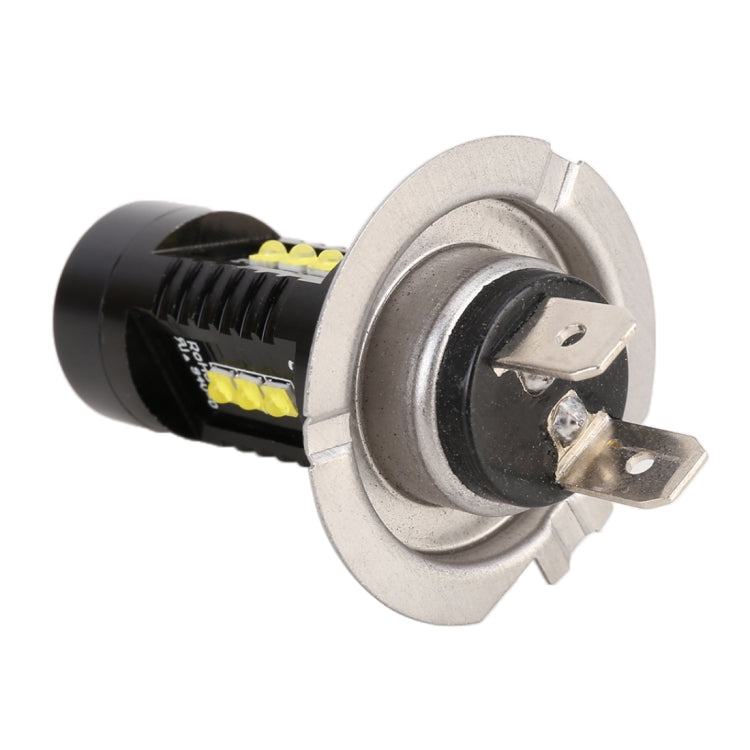 H7 LED fog bulb with silver circular mount and black housing, showing yellow LED chips