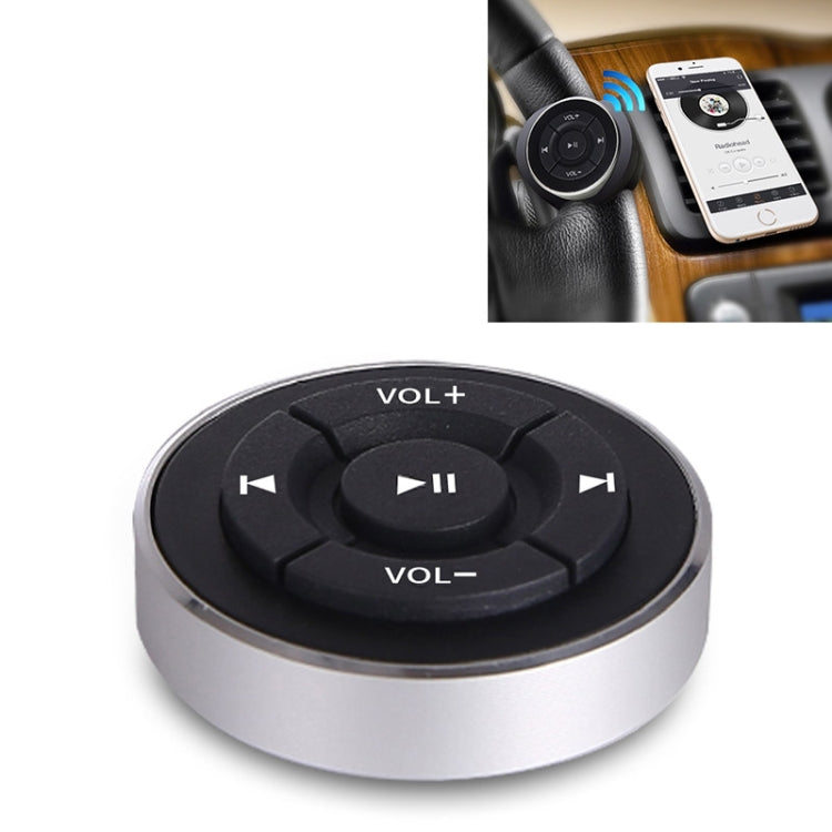 Car Bluetooth steering-wheel remote with VOL+ / VOL- and play/pause buttons, silver ring
