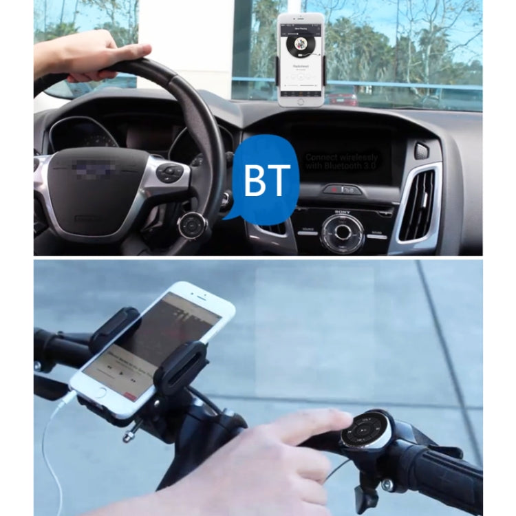 Car interior setup with mounted Bluetooth remote and smartphone showing audio playback
