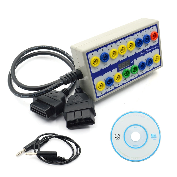 OBDII break out box with multicolor port panel, cable harness, and small disc