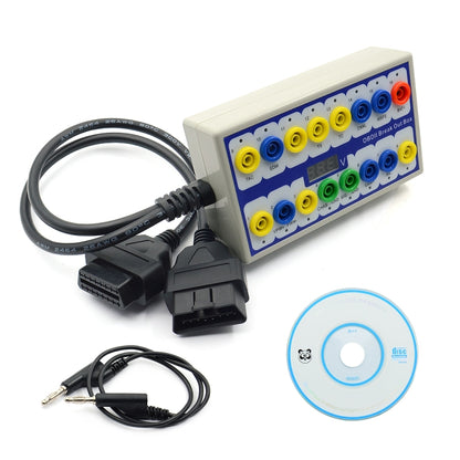 OBDII break out box with multicolor port panel, cable harness, and small disc