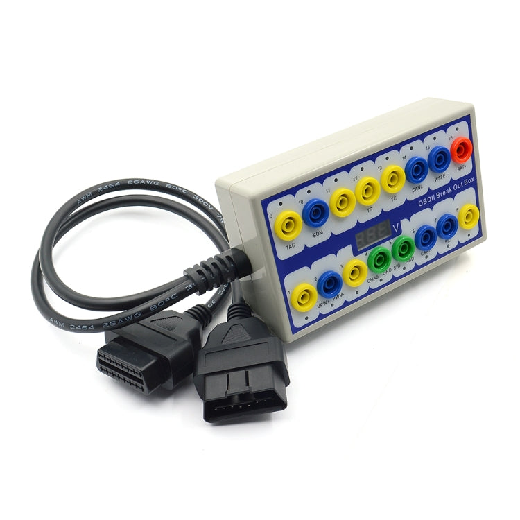 OBDII break out box with multicolor connector panel and attached cable harness