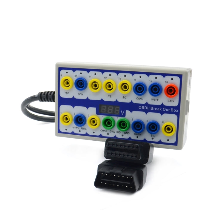 OBDII break out box with multicolor ports and connected OBD-style cable