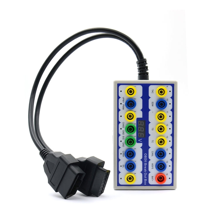OBDII break out box with multicolor port panel and black cable connection