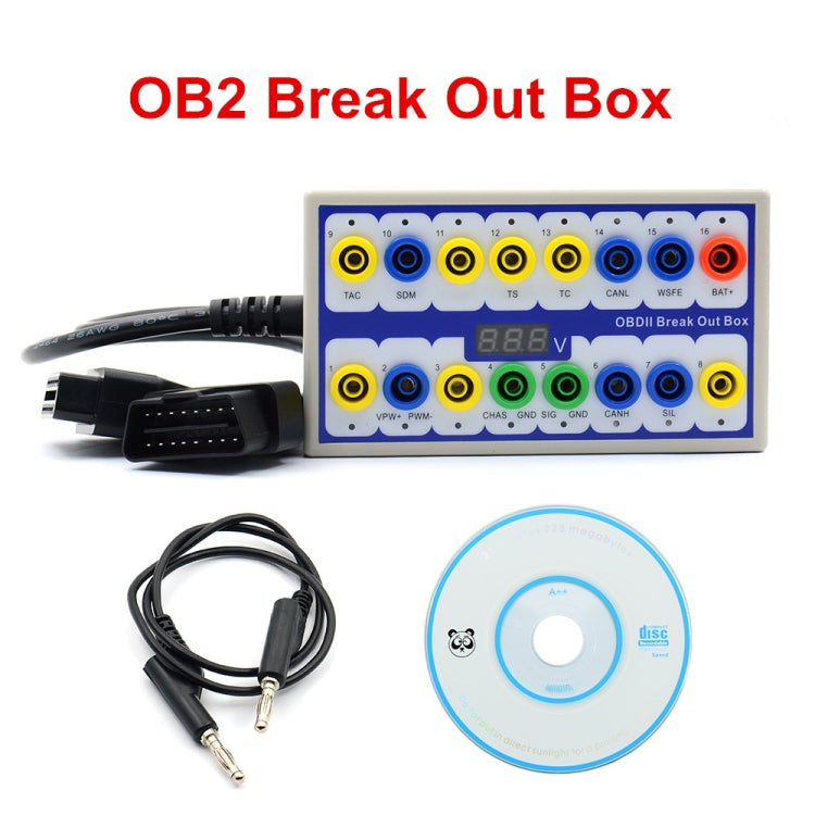 OBDII break out box kit with multicolor ports, cables, and driver disc