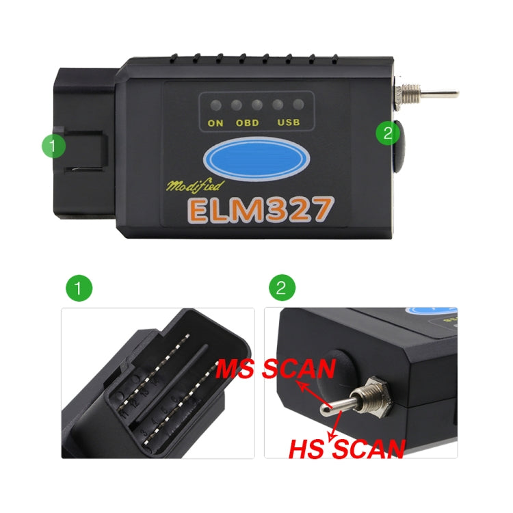 Bluetooth ELM327 V1.5 USB OBD2 scanner interface showing OBD, USB, and scan buttons