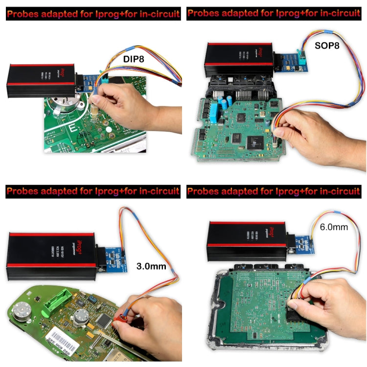Probe adapter leads connected to an IC socket on a circuit board