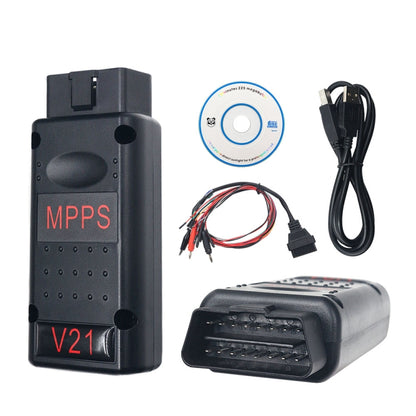 V21 OBD2 car diagnostic interface with attached connector and bundled cables