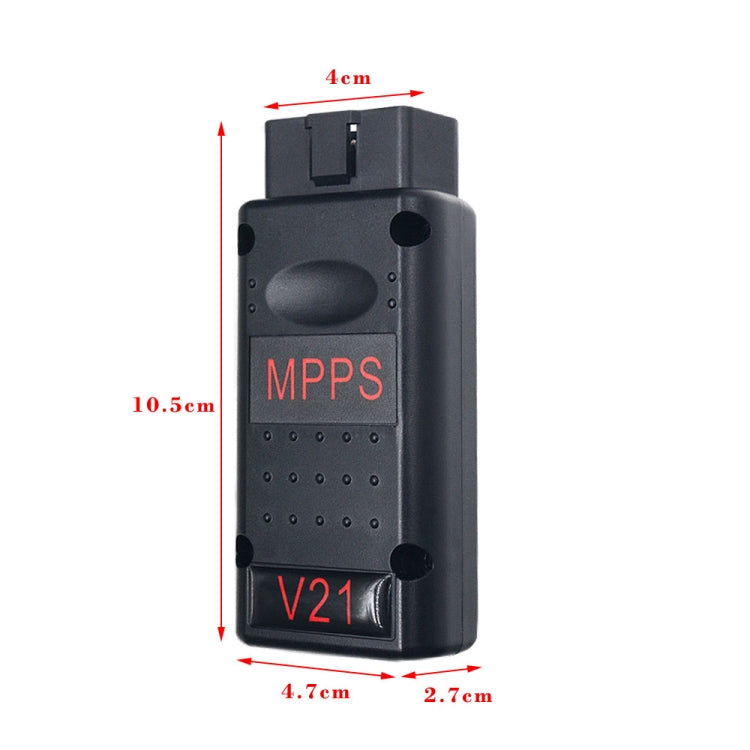 V21 OBD2 diagnostic interface with measurement diagram showing size dimensions