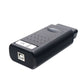 OBD2 diagnostic interface end view with Ethernet-style port and label panel