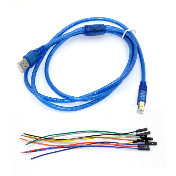 Blue USB cable with assorted jumper wire leads for programming connections