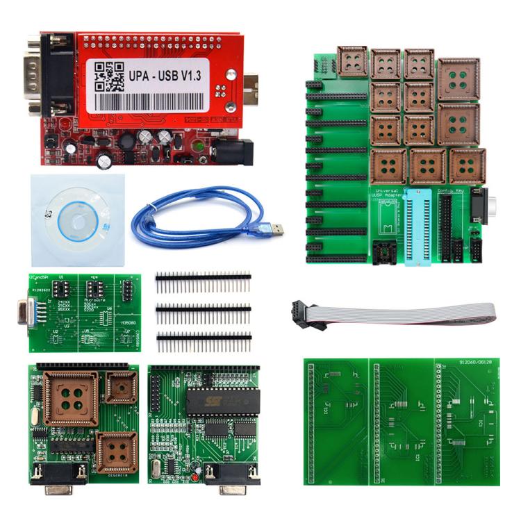UPA V1.3 USB ECU programmer set with red board, green adapter boards, cables, sockets