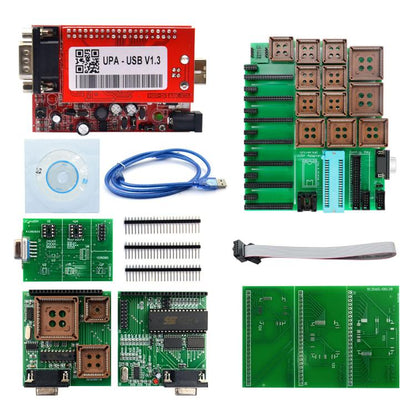 UPA V1.3 USB ECU programmer set with red board, green adapter boards, cables, sockets