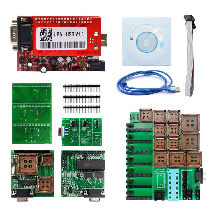 UPA V1.3 ECU programmer kit with USB board, ribbon cable, blue USB lead, socket modules