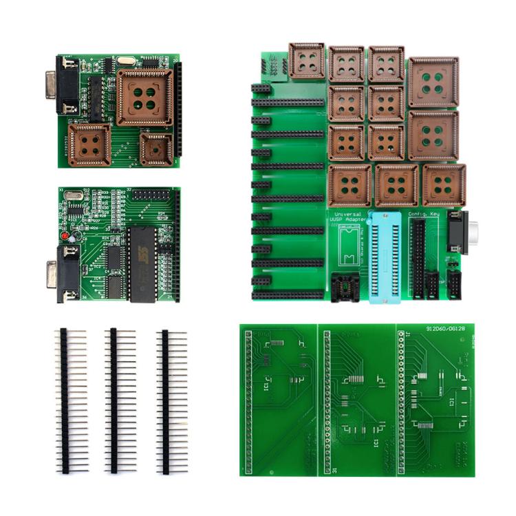 UPA V1.3 ECU programmer PCB set with stacked socket boards, pin headers, green base board