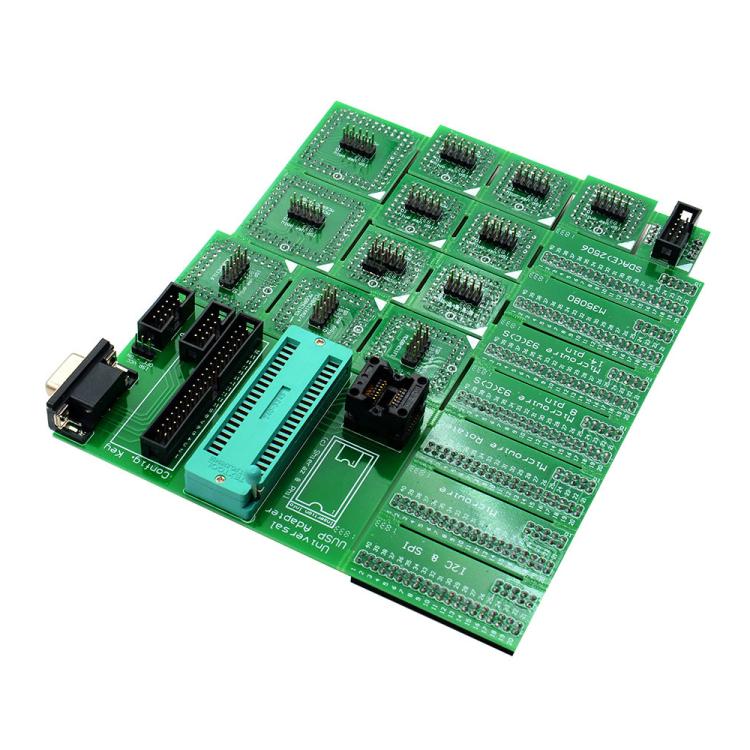Green ECU programmer PCB with multiple IC sockets and connector headers
