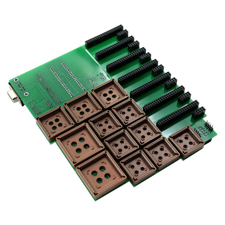 UPA ECU programmer board with several brown IC socket modules and multi-pin connectors