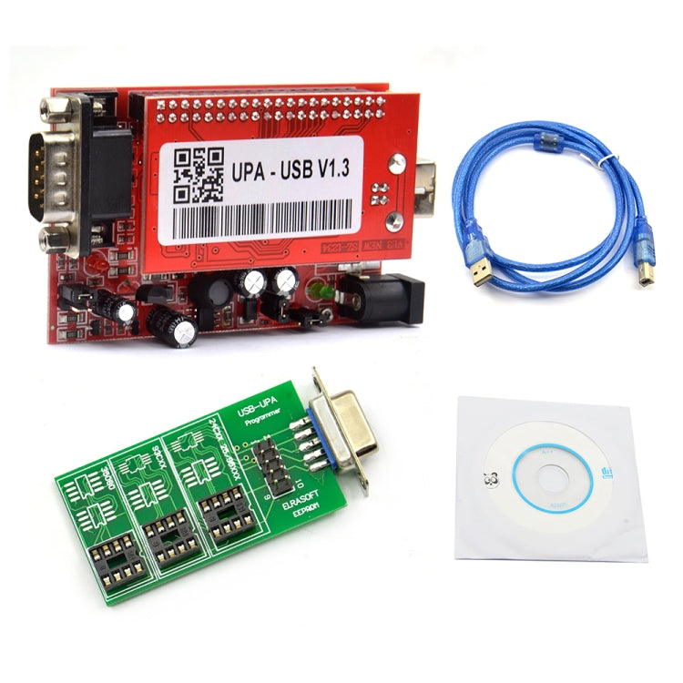 Red USB ECU programmer circuit board with pin headers and blue USB cable