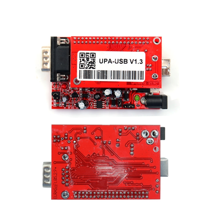 Red ECU programmer PCB shown front and back with multi-pin connector and circuitry