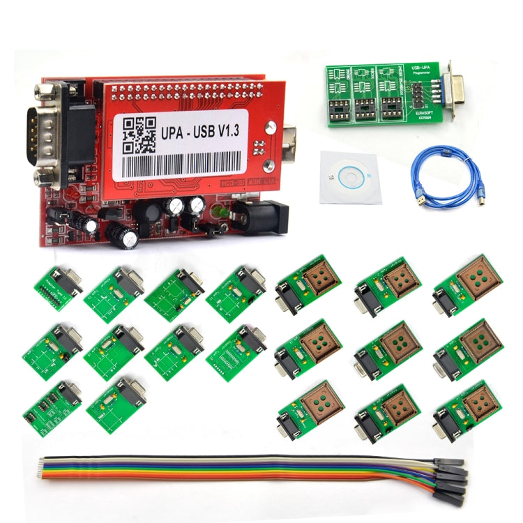 UPA V1.3 USB programmer ECU chip board set with cable, adapters, and accessory parts