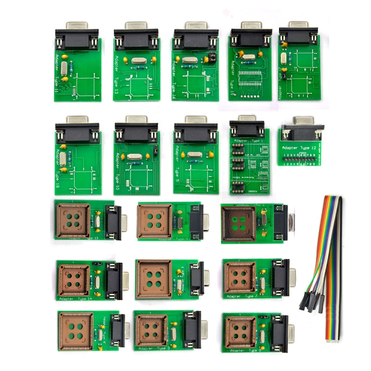 UPA V1.3 adapter boards set: multiple green PCBs with chip sockets and USB ports