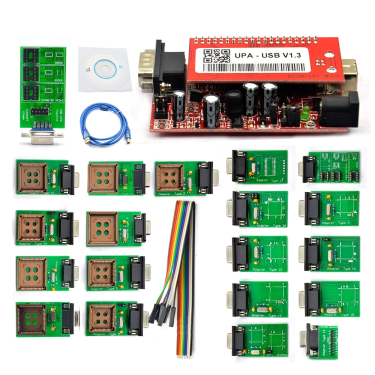UPA V1.3 programmer board kit with red PCB, USB cable, and multiple adapter modules