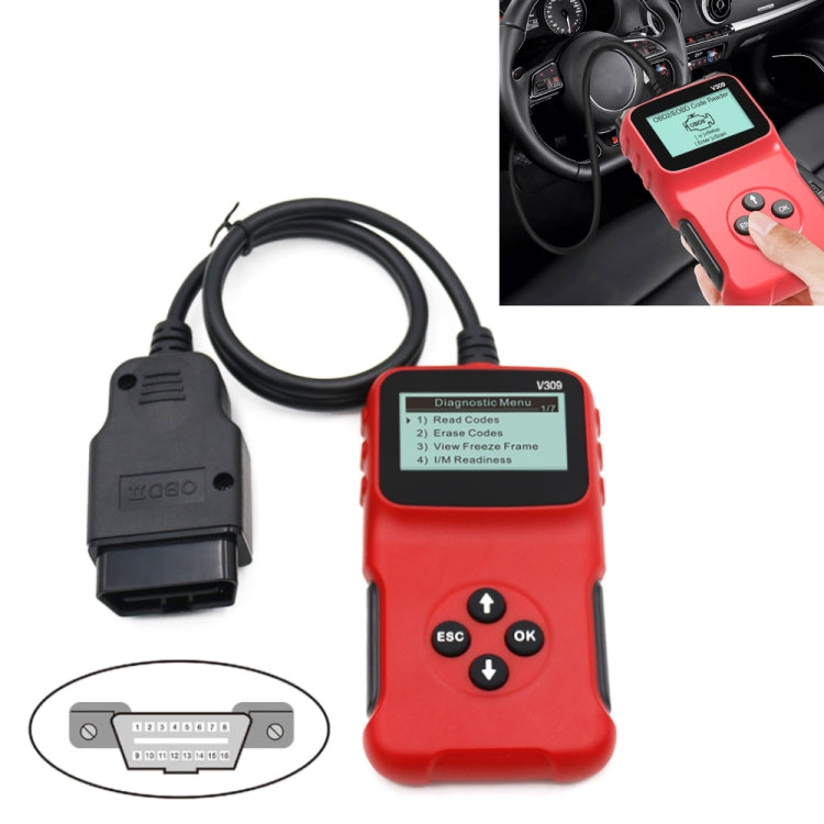 Red handheld OBD2 diagnostic scanner with LCD screen and black OBD cable